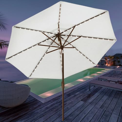 USA 10-Year-Non-Fading 9ft Market Patio Umbrella, Commercial Grade Table Sun Umbrella with 80 Solar LED Lights, Crank Open, Windproof & UPF 50+ UV Protection for Garden, Deck, Pool, Backyard, White