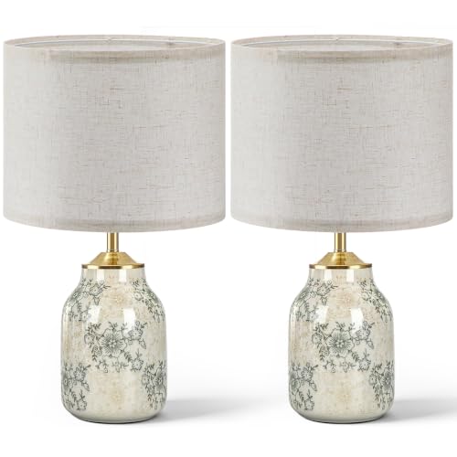 2 Pcs 21" Farmhouse Green Ceramic Lamp with Beige Linen Shade (2 Count)