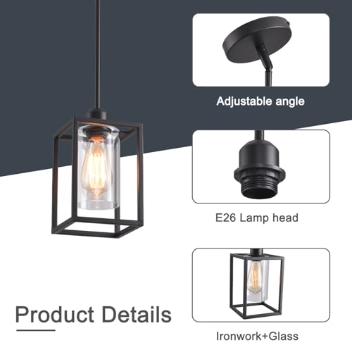 3 Pack Stem Rod Black Pendant Lights for Kitchen Island Industrial Lantern Pendant Light Fixtures with Clear Glass Shade (3 Count)