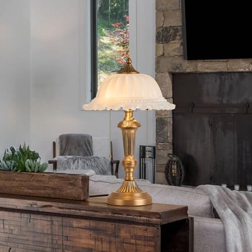 Glass Shade Table Lamp 2 Lights Vintage Metal Desk Lamp with Plug Switch for Bedroom Living Room Home Office Brass and White