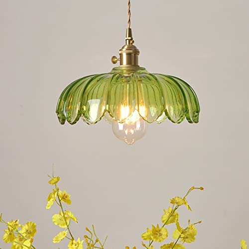 Green Glass Pendant Light Fixtures Medium 9.8 Inches Lampshade Gold Brass Finish and Switch Vintage Pendant Ceiling Lamp Copper Farmhouse Pendant Lighting