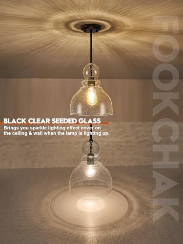 10" Seeded Glass Pendant Lights Kitchen Island Black Pendant Ceiling Light with Hand