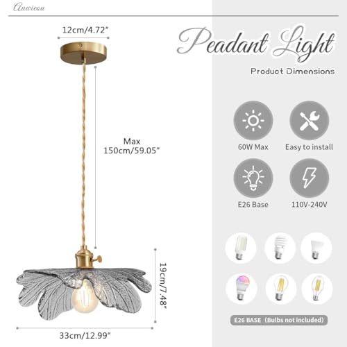 Vintage Ceiling Pendant Light with Gray Glass Flower Shade Farmhouse Hanging Light in Brushed Brass Gold