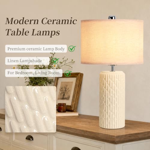 22" Modern Ceramic Table Lamps Set of 2 for Night Stands (Beige)