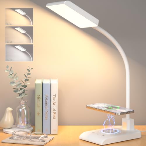 Desk Lamp with Wireless Charger LED Desk Lamps for Home Office White CRI90+ (White)