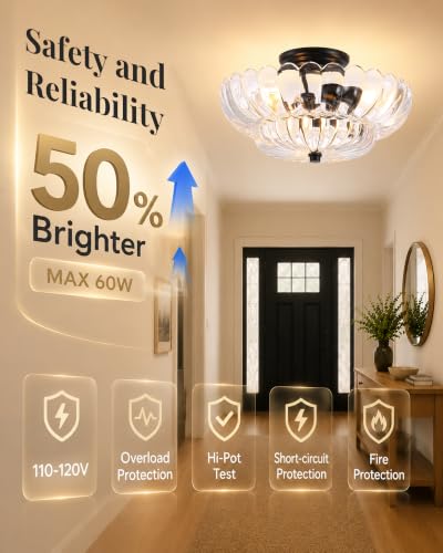 Semi Flush Mount Ceiling Light Fixture 14" Vinatge Black Ceiling Lights Mid Century Modern Clear Glass Close to Ceiling Lighting Fixtures for Bedroom Hallway Kitchen Laundry Room Bathroom