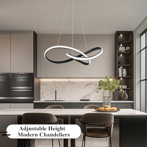30" Black Modern LED Chandelier Large Irregular Ring Pendant Lighting Adjustable Hanging Light Fixture Modern Dimmable Remote Control Pendant Lights for Living Room Dining Room Entryway