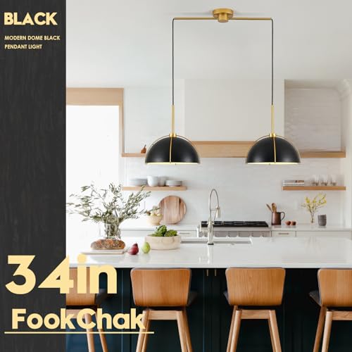 Black Dome Pendant Light 2 Light Socket Large Pendant Light Fixture with Adjustable Pendant Cord Black Gold Pendant Lighting for Kitchen Island Dining Room Kitchen Sink
