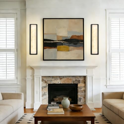 Alabaster Wall Sconces Set of Two Modern LED Wall Lights Natural Spanish Marble 20" Rectangular Wall Sconce Black Wall Lamps for Bedroom Living Room Hallway Staircase