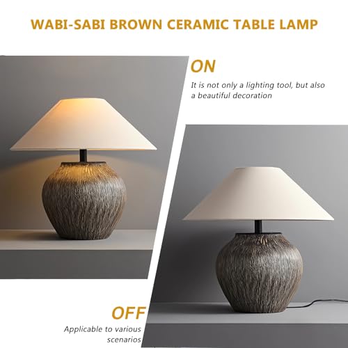 Rustic Table Lamps Brown 20.8”Tall Ceramic Lamp Southwestern Farmhouse Lattice Ceramic Lamp Body with Beige Linen Shade Nightstand Lamp for Bedroom Living Room Home Office