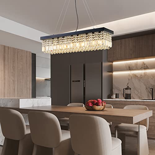 Rectangle K9 Crystal Chandelier Modern Rectangular Pendant Lighting Fixture for Dining Room Kitchen Island Bedroom Black L40 x W10 x H10