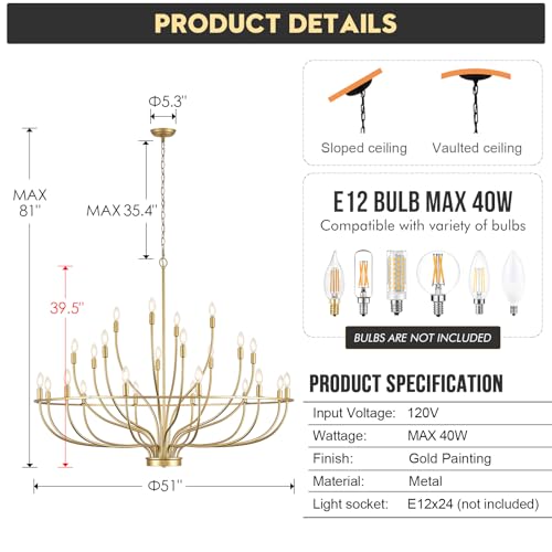 24 Light Gold Chandelier 51'' Large Candle Chandeliers for High Ceiling Foyer Brushed Brass Gold Chandelier Light Fixture for Large Living Room Dining Room Stairs Entry Restaurant Hotel