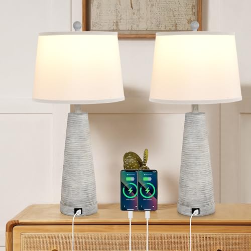 Nightstand Lamp Bedside Lamps Set of 2 Vintage Rustic Farmhouse Table Lamp 3 Way Dimmable Horizontal Stripe Light (2 Count)