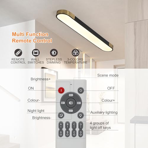 4.59FT LED Flush Mount Kitchen Light Fixtures 65W Dimmable Flush Mount Ceiling Light Fixture Black and Gold Led Ceiling Light Linear LED Ceiling Lamp for Laundry Shop Garage Office