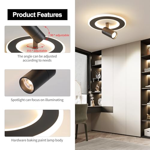Modern LED Ceiling Lights with 1 Spotlight 9.8Inch Black Ceiling Light with Remote Control Dimmable 3000k