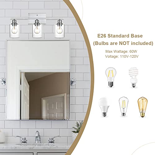 3 Light Wall Light Fixture with Clear Glass Shade Classic Bathroom Vanity Lighting Fixture in Chrome Finish Metal Wall Mounted Lamp for Powder Room Hallway (3 Count)
