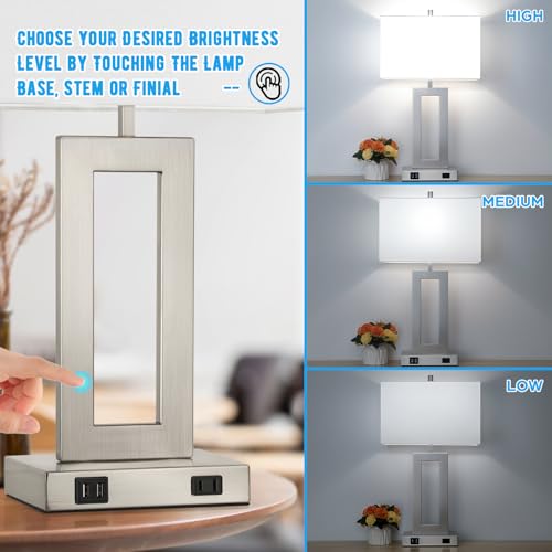 28" Silver Modern Table Lamp Set of 2 with 2 USB Ports&AC Outlet (2 Count)