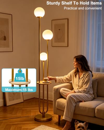 63IN Dimmable Gold Floor Lamp with Shelf Mid Century Standing Lamps with 3000K Bulbs Included Modern Globe Floor Lamp for Living Room (3 Count)
