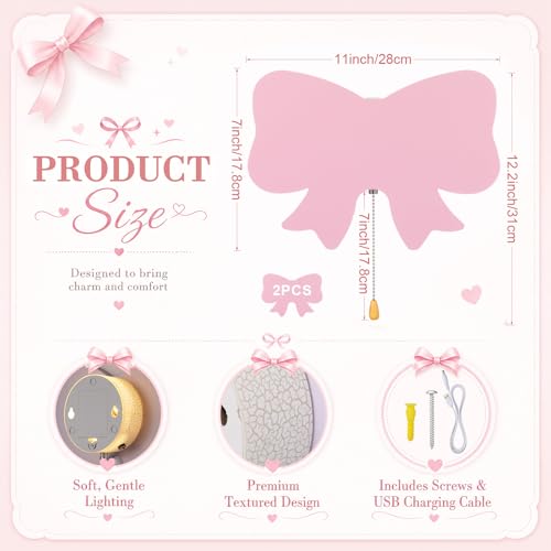 2 Pcs Pink Bow Night Light for Girls Cute Floating LED Lamp for Kids Nursery Room Decor Battery or USB Operated Night Light for Wall Bedroom Table Office Home Decorations (2 Count)
