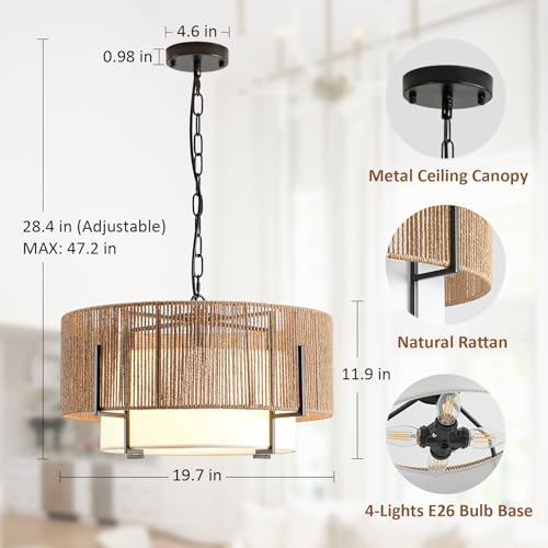 4 Light Rattan Chandelier for Dining Room