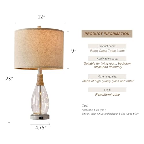 23" USB A+C Table Lamp for Bedroom Living Room Modern Bedside Lamps Retro Farmhouse Rattan Glass Nightstand Nightlight Lamps