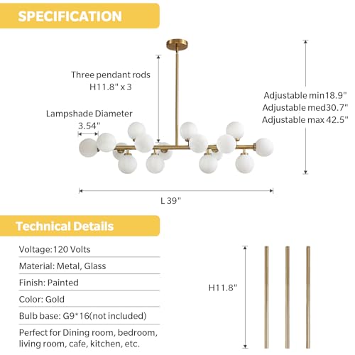 Gold Dining Room Chandelier Over Table Mid Century Modern Chandelier White Glass Globe Lampshade Linear Pendant Lighting Fixture for Living Room Dining Table 16 Lights