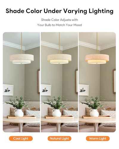 VONLUCE 18" Modern Drum Chandelier, 4-Light 2-Tier Linen Pendant Light | Brushed Gold Finish with Adjustable Height Hanging Light Fixture for Dining Room Bedroom Living Room