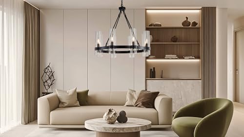 26 Inch Black Wagon Wheel Chandelier with Glass Shade