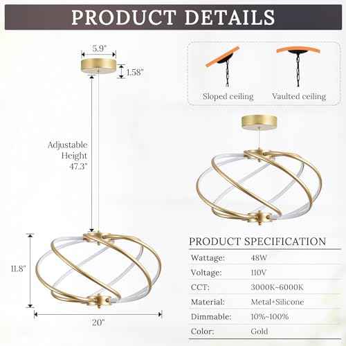 Gold Modern Chandelier with Remote Control, 48W 3-Color Temperature Dimmable LED Chandelier for Dining Room, Hanging Adjustable Pendant Light for Living Room Kitchen Foyer Entryway