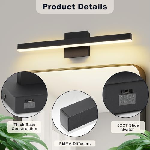 Vanity Light for Bathroom Lighting Fixtures Over Mirror 23.62 Inch Dimmable 5CCT Modern Vanity Lights Black Bathroom Light Bar Bath Wall Sconce ETL Certificated
