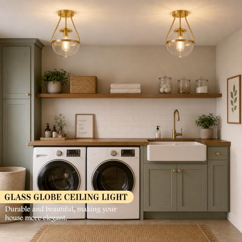 10" Semi Flush Mount Ceiling Light with Clear Glass Shade Mid Century Ceiling Light Modern Gold Globe Semi Flush Mount Ceiling Light Fixture for Bedroom Hallway Bathroom Foyer