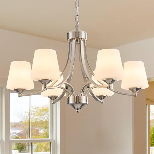 6 Light Brushed Nickel Chandeliers for Dining Room with Frosted Glass Farmhouse Silver Ceiling Hanging Lighting Fixtures Classic Pendant Lamp for Living Room