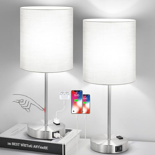 Set of 2 Grey Touch Control Table Lamps with 2 USB Ports & AC Outlet (2 Count)