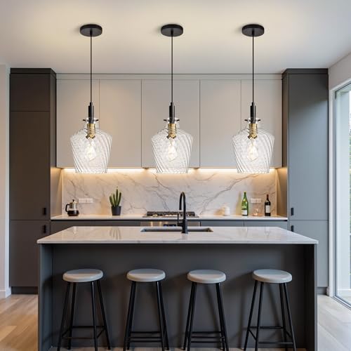 Stripes Clear Glass Pendant Light for Kitchen Island Black Gold 8 Inch