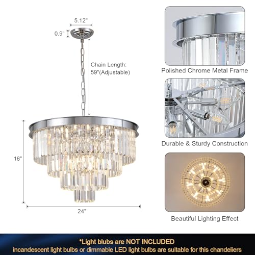 Modern Chrome Crystal Chandelier 24” Dining Room Pendant Light Fixture