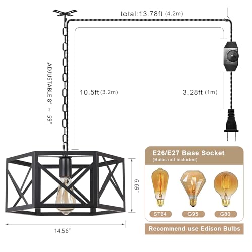 Rustic Farmhouse Plug in Pendant Light Fixture with Adjustable Chain