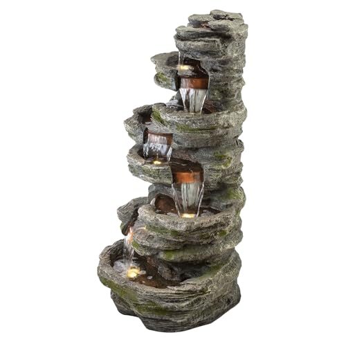 WIN1146 Outdoor Floor Cascading 8 Tiered Rock Garden Water Fountain with LED Lights