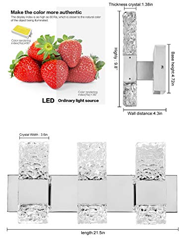 Modern LED Bathroom Vanity Light Fixtures Chrome Stainless Steel 3 Light Wall Sconces for Bathroom Lighting Fuxture Over Mirror 21.5Inch 30w LED Crystal Wall Light Cool White 5800k