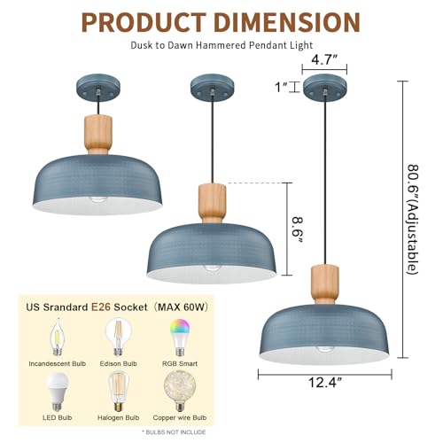 Dusk to Dawn Industrial Pendant Light Fixtures Ceiling Hanging with Hammered Metal Shade