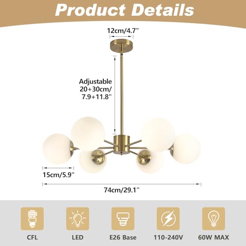 6 Light White Milk Glass Chandelier Brass Gold Sputnik Ceiling Light