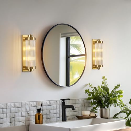 Gold Wall Sconces Set of Two with Crystal Glass Strip Bathroom Sconces Modern Wall Lights for Bedroom Living Room Hallway Wall Light Fixtures (2 Count)