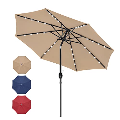9' Solar Umbrella 32 LED Lighted Patio Umbrella Table Market Umbrella with Push Button Tilt