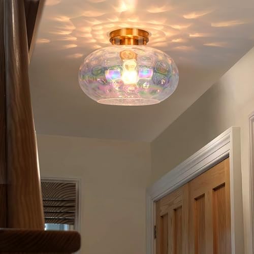 Brass Gold Semi Flush Mount Ceiling Fixture 11" Hammered Glass Shade Modern Close to Ceiling Lighting 1