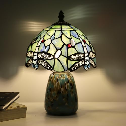 Tiffany Mushroom Table Lamp Dragonfly Style Sea Blue Stained Glass Accent Lamp Brown Blue Glass Base 8X8X12 Inch