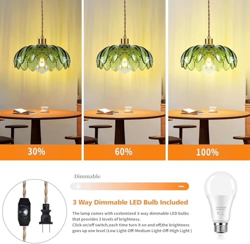 Plug in Pendant Light Hanging Lights with Plug in Cord Boho Hanging Lamp Glass Gold Mid Century Modern Vintage Dimmable Green Flower Plug in Chandelier Ceiling Fixture for Living Room