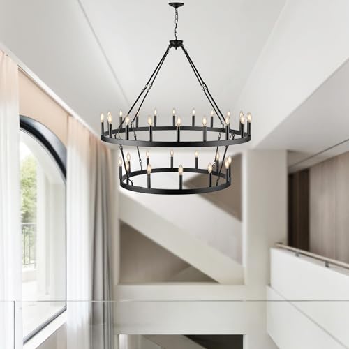 Rustic Farmhouse Black Wagon Wheel Chandelier Large Chandeliers for High Ceilings Kitchen Table Lighting 2 Tier 32 Lights 50 Inch for Dining Room Living Room Foyer Porch Kitchen Island