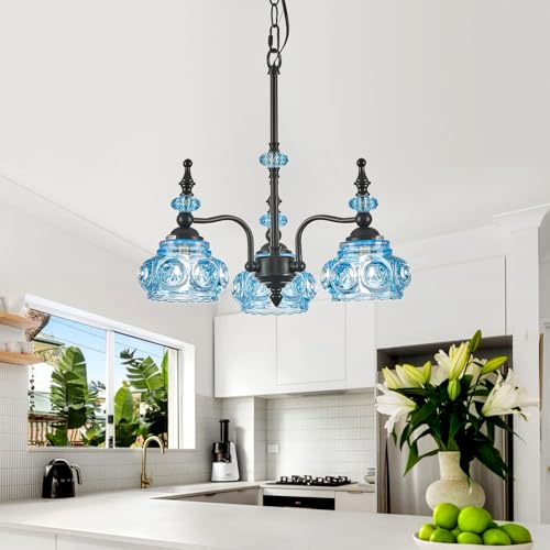Blue 3 Light Pendant Light Fixtures Black Lights Victorian Vintage Celing Pendant Fixtures for Kitchen Island Bedroom Restrant