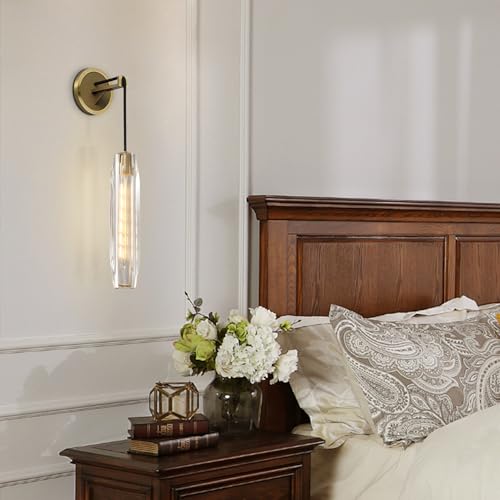 Lighting Modern Luxury Crystal Wall Sconces Brushed Gold Long Wall Lamp 15” Clear Glass Wall Sconce Vintage Antique Brass Wall Lights for Entryway Bedroom Stairway