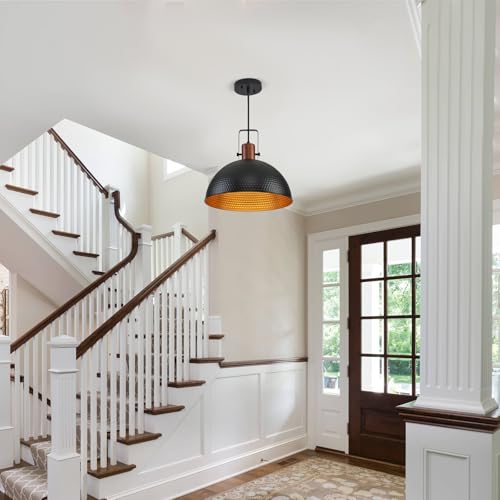16 Inch Black Pendant Lights Hammered Matte Pendant Lights for Kitchen Island Industrial Farmhouse Adjustable Height Dome Hanging Light Fixtures for Barn