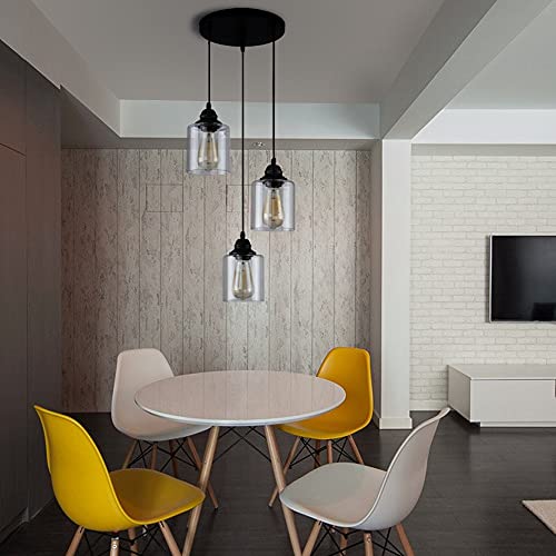 3 Lights Industrial Pendant Light with Glass Shade Matte Black Pendant Lighting Adjustable Industrial Retro Style Hanging Light